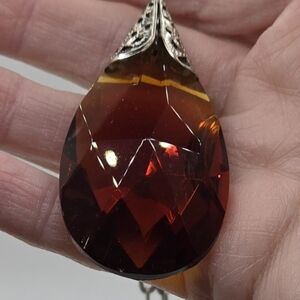 Silver Tone Necklace w/ Amber Colored Glass Teardrop Pendant Large 2.25" X 1.25"